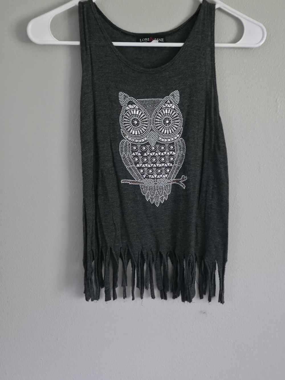 Girls' Dark Gray Owl Fringe Tank Top